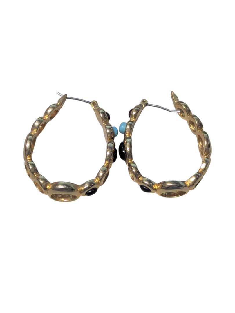 Gold-Tone Hoop Earrings with Black & Turquoise-Coloured Cabochons