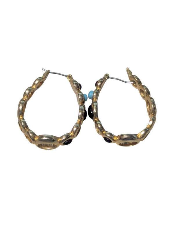 Gold-Tone Hoop Earrings with Black & Turquoise-Coloured Cabochons