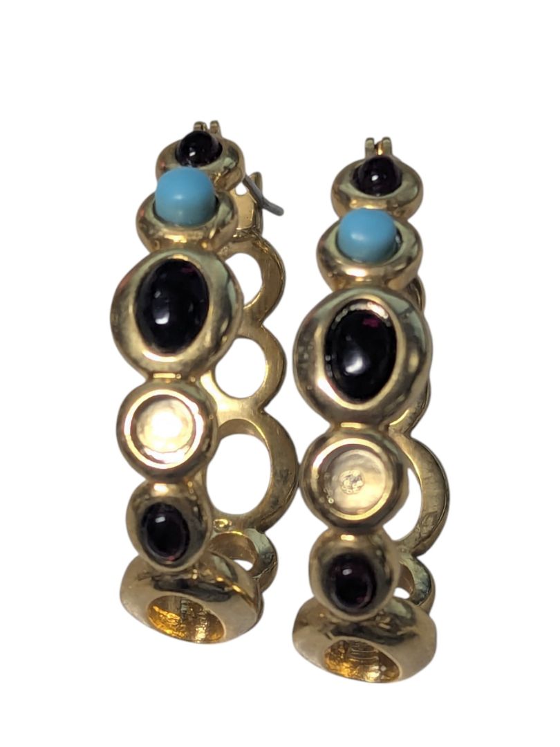 Gold-Tone Hoop Earrings with Black & Turquoise-Coloured Cabochons