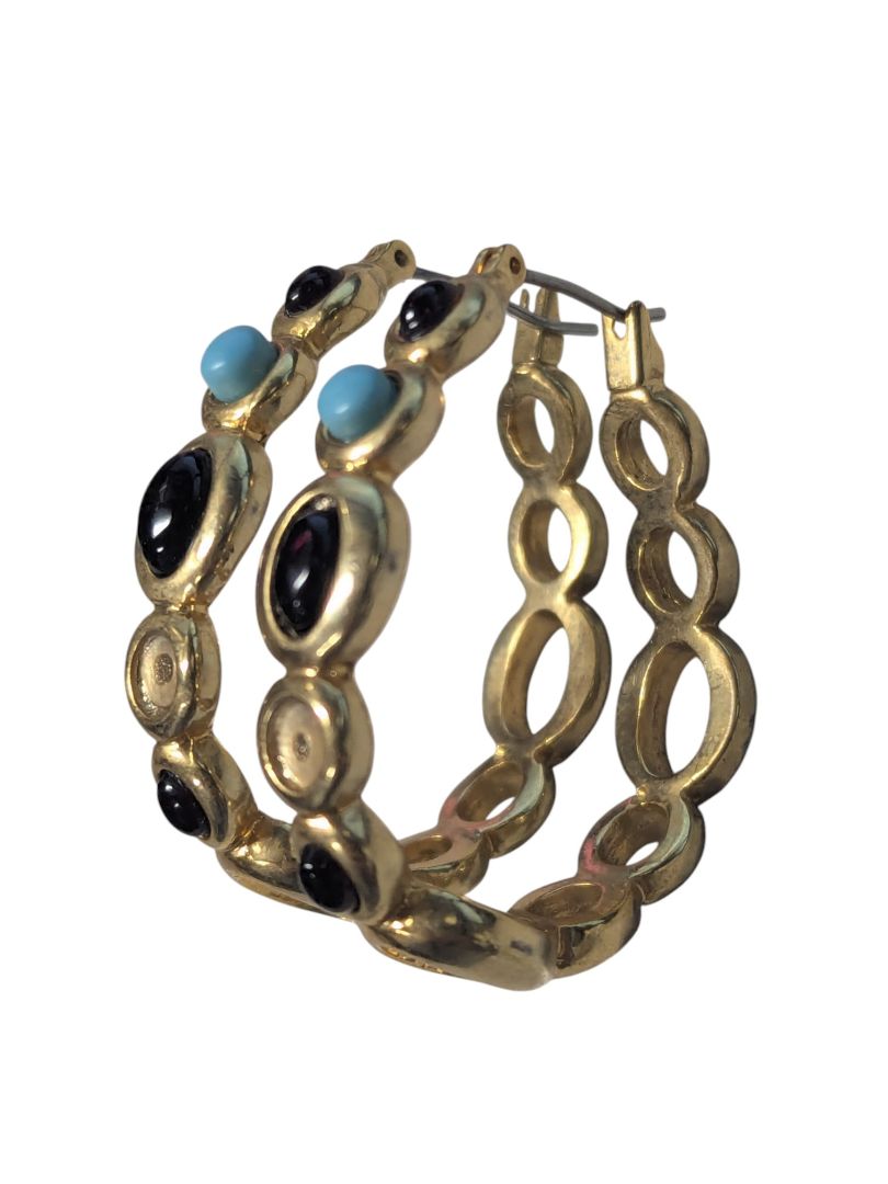 Gold-Tone Hoop Earrings with Black & Turquoise-Coloured Cabochons