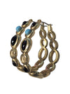 Gold-Tone Hoop Earrings with Black & Turquoise-Coloured Cabochons