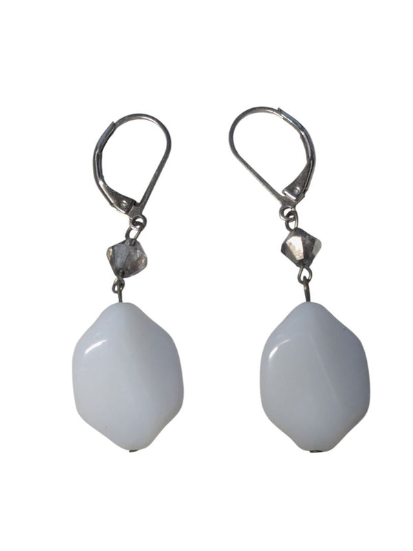White Art Glass Drop Earrings with Faceted Silver-Tone Accents