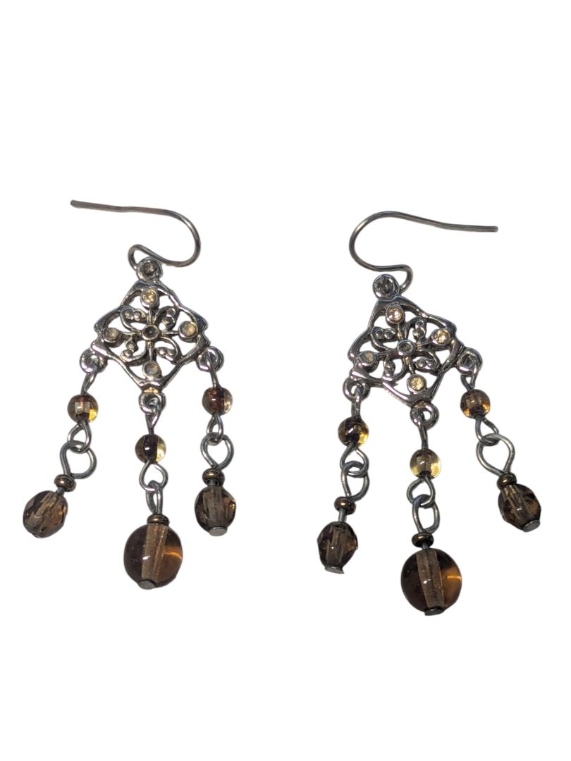 Silver-Tone Filigree Chandelier Earrings with Brown Glass Beads