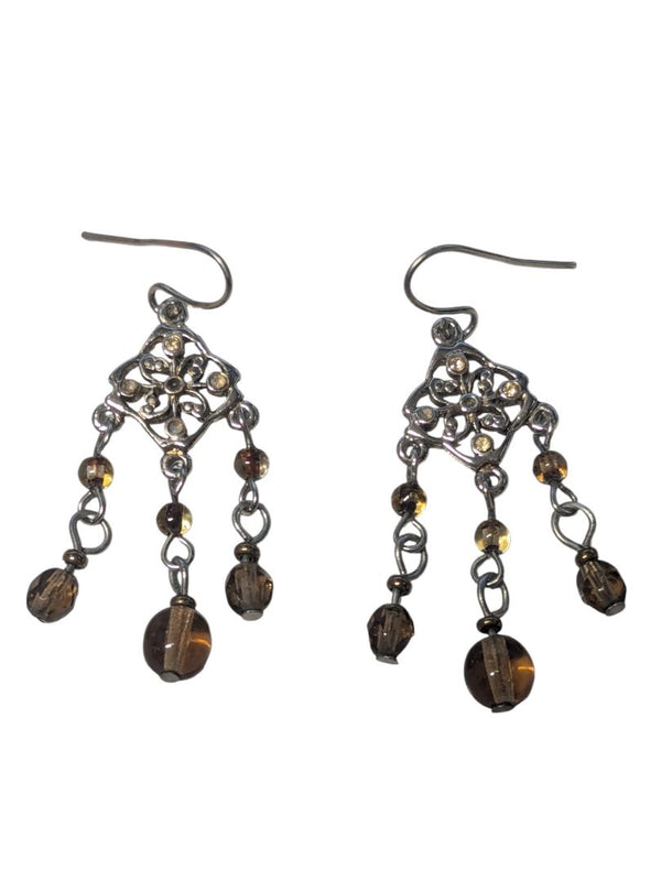 Silver-Tone Filigree Chandelier Earrings with Brown Glass Beads