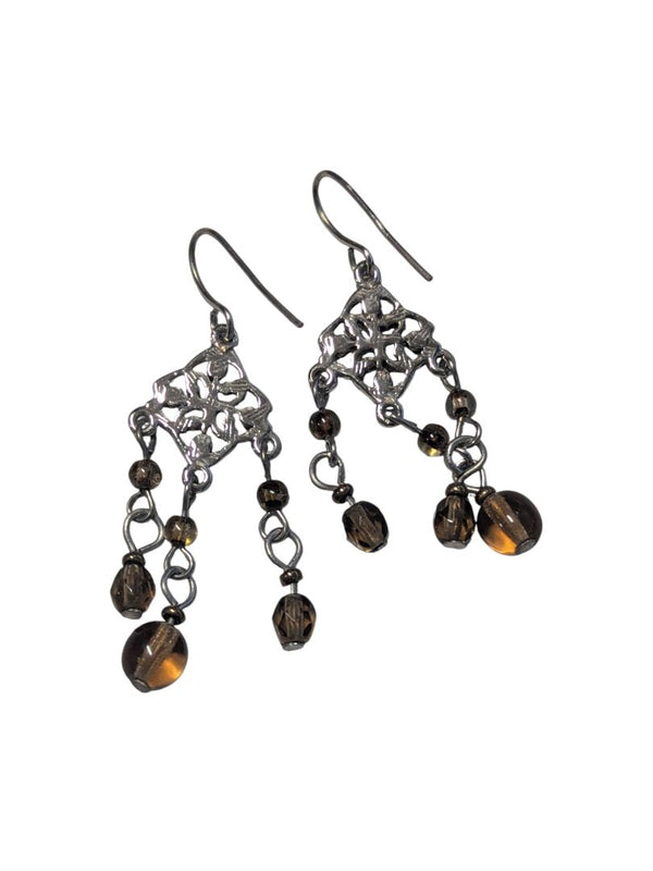 Silver-Tone Filigree Chandelier Earrings with Brown Glass Beads