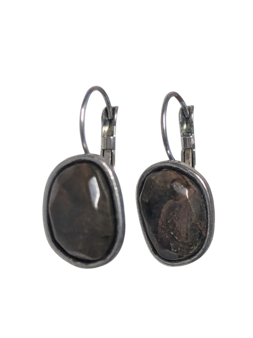 Silver-Tone Drop Earrings with Dark Polished Stones