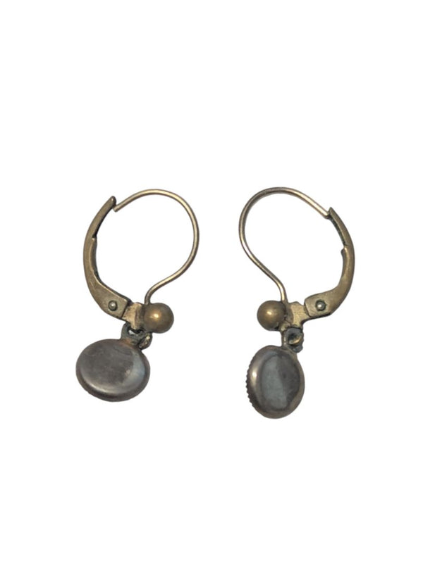 Vintage Brass Drop Earrings with Hematite-Style Cabochons