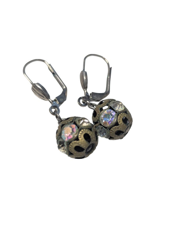 Vintage Filigree Sphere Earrings with Iridescent Crystals
