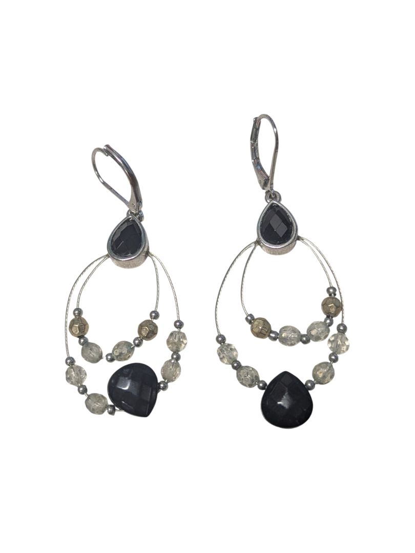 Black & Clear Beaded Teardrop Dangle Earrings