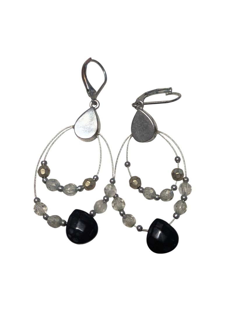 Black & Clear Beaded Teardrop Dangle Earrings