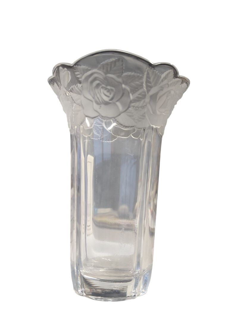 Frosted Rose Etched Glass Vase