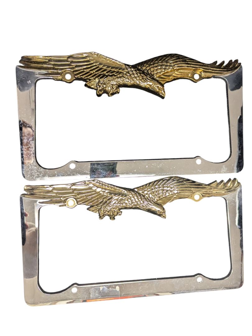 Vintage 1980 Eagle License Plate Frames – Pair (Chrome & Brass Tone)