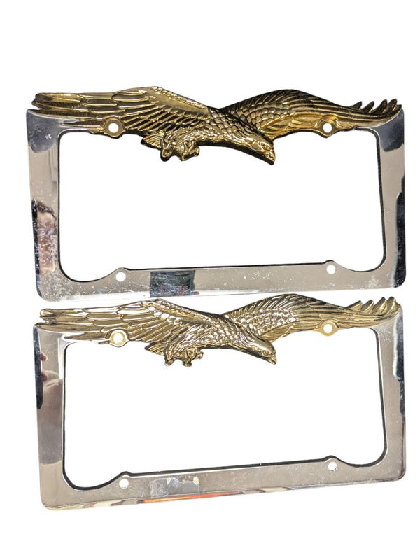 Vintage 1980 Eagle License Plate Frames – Pair (Chrome & Brass Tone)