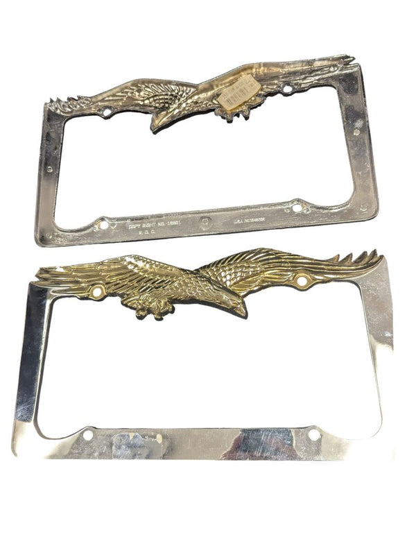 Vintage 1980 Eagle License Plate Frames – Pair (Chrome & Brass Tone)