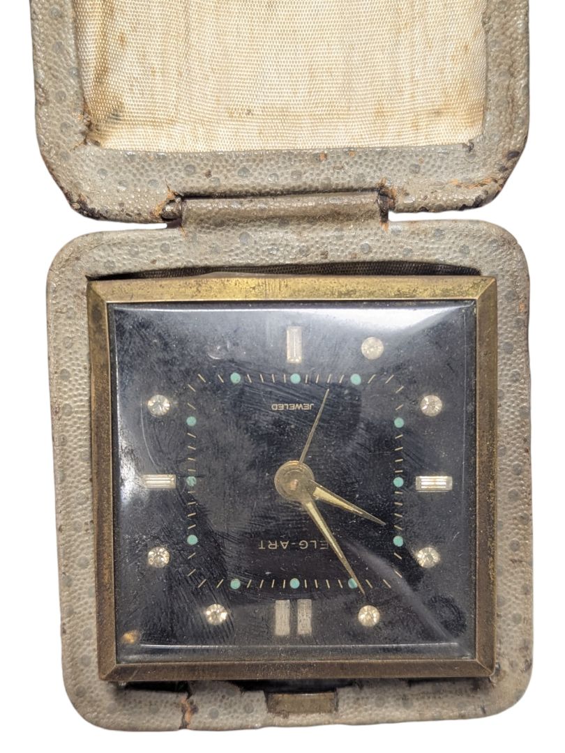 Vintage Elco-Alert Travel Alarm Clock in Worn Folding Case