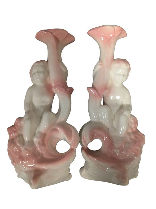 Vintage Pink & White Ceramic Cherub Cornucopia Vases – Pair