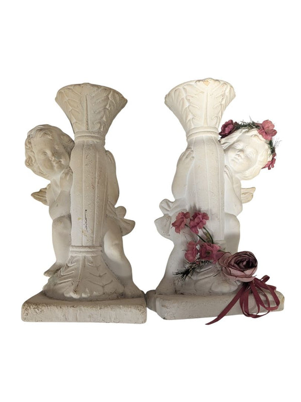 Vintage Cherub Candleholder Pair – White Plaster with Floral Accents