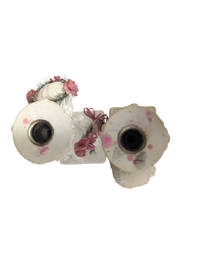 Vintage Cherub Candleholder Pair – White Plaster with Floral Accents
