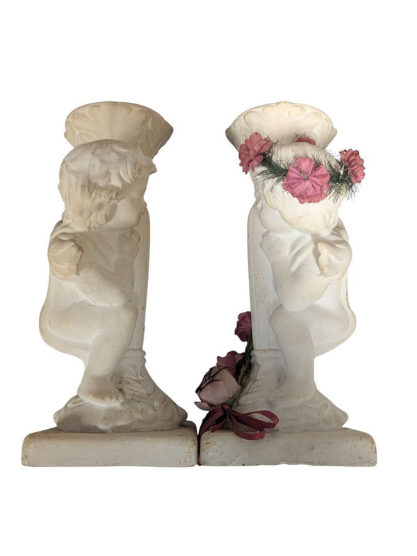 Vintage Cherub Candleholder Pair – White Plaster with Floral Accents
