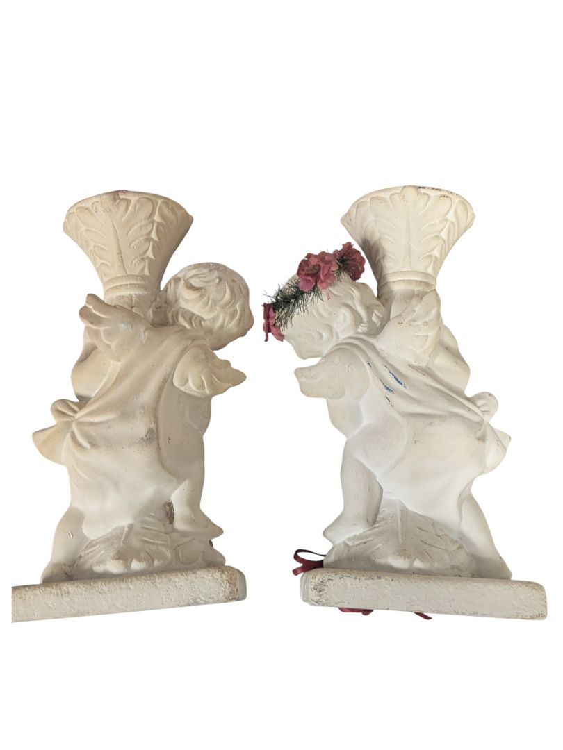 Vintage Cherub Candleholder Pair – White Plaster with Floral Accents