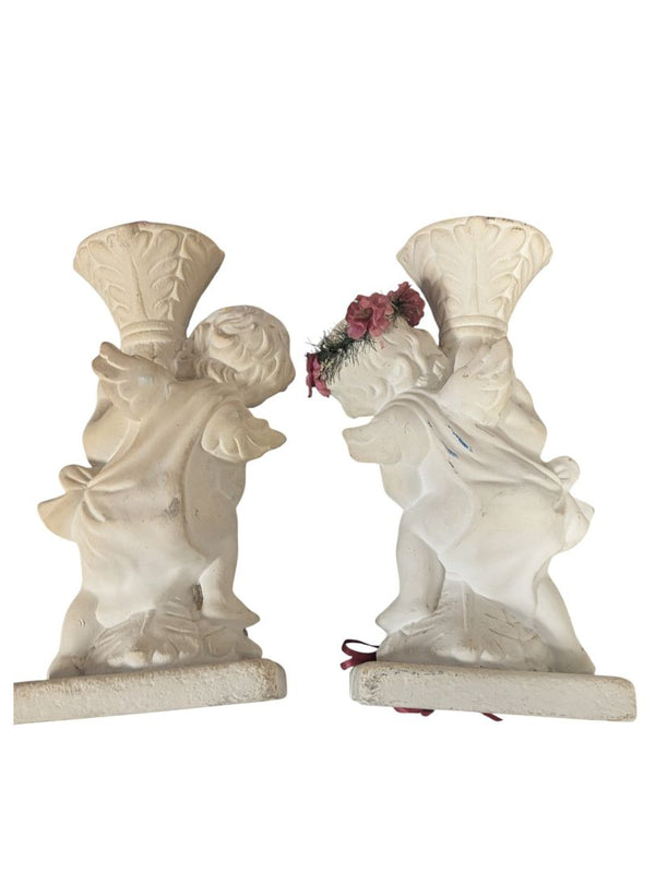 Vintage Cherub Candleholder Pair – White Plaster with Floral Accents