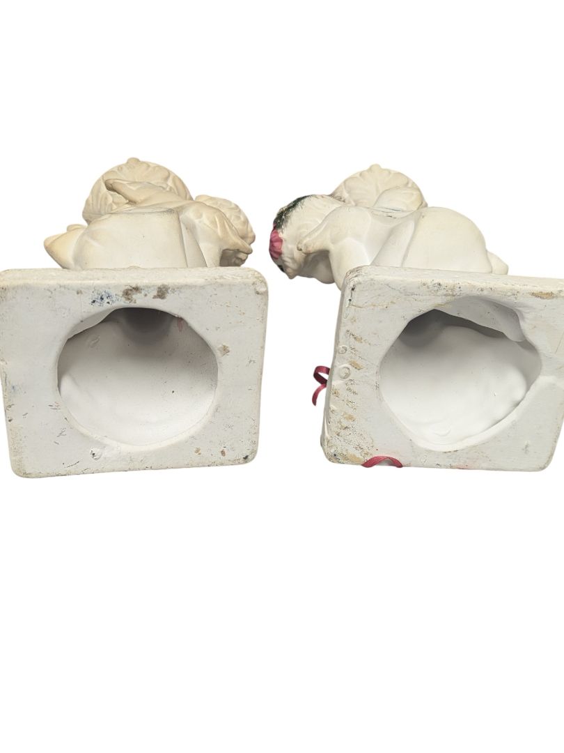 Vintage Cherub Candleholder Pair – White Plaster with Floral Accents