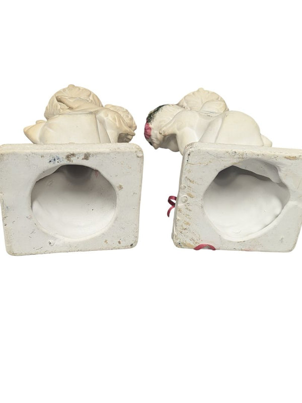 Vintage Cherub Candleholder Pair – White Plaster with Floral Accents