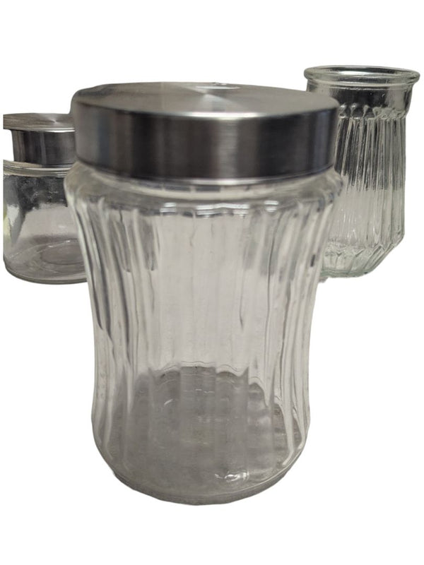 Vintage Ribbed Glass Jar Set with Metal Lids