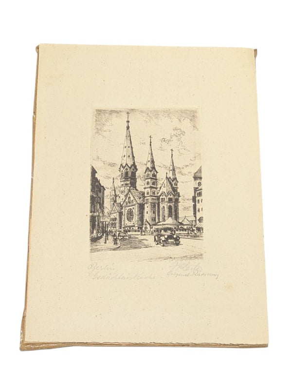 Vintage German Etching Print – Berlin Church Street Scene (Original Radierung)