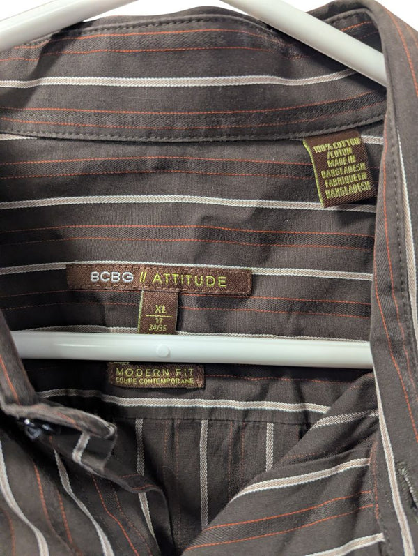 BCBG Attitude Men’s Brown Striped Button-Up Shirt (Size XL)