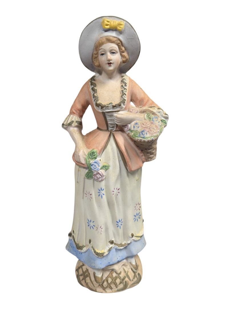 Hand-Painted Ceramic Lady Figurine with Flower Basket