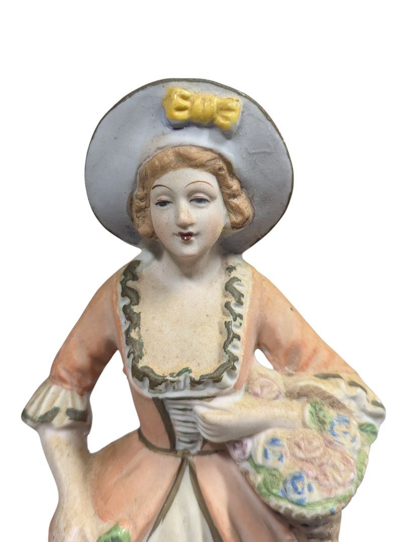 Hand-Painted Ceramic Lady Figurine with Flower Basket