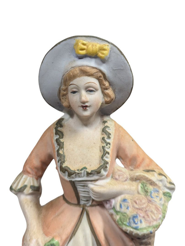 Hand-Painted Ceramic Lady Figurine with Flower Basket