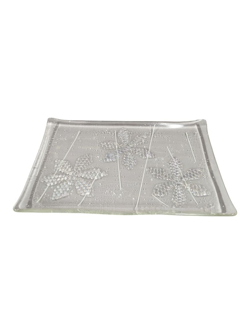 Decorative Clear Art Glass Rectangular Tray with Floral Motif