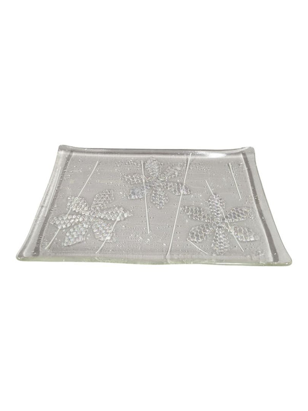 Decorative Clear Art Glass Rectangular Tray with Floral Motif