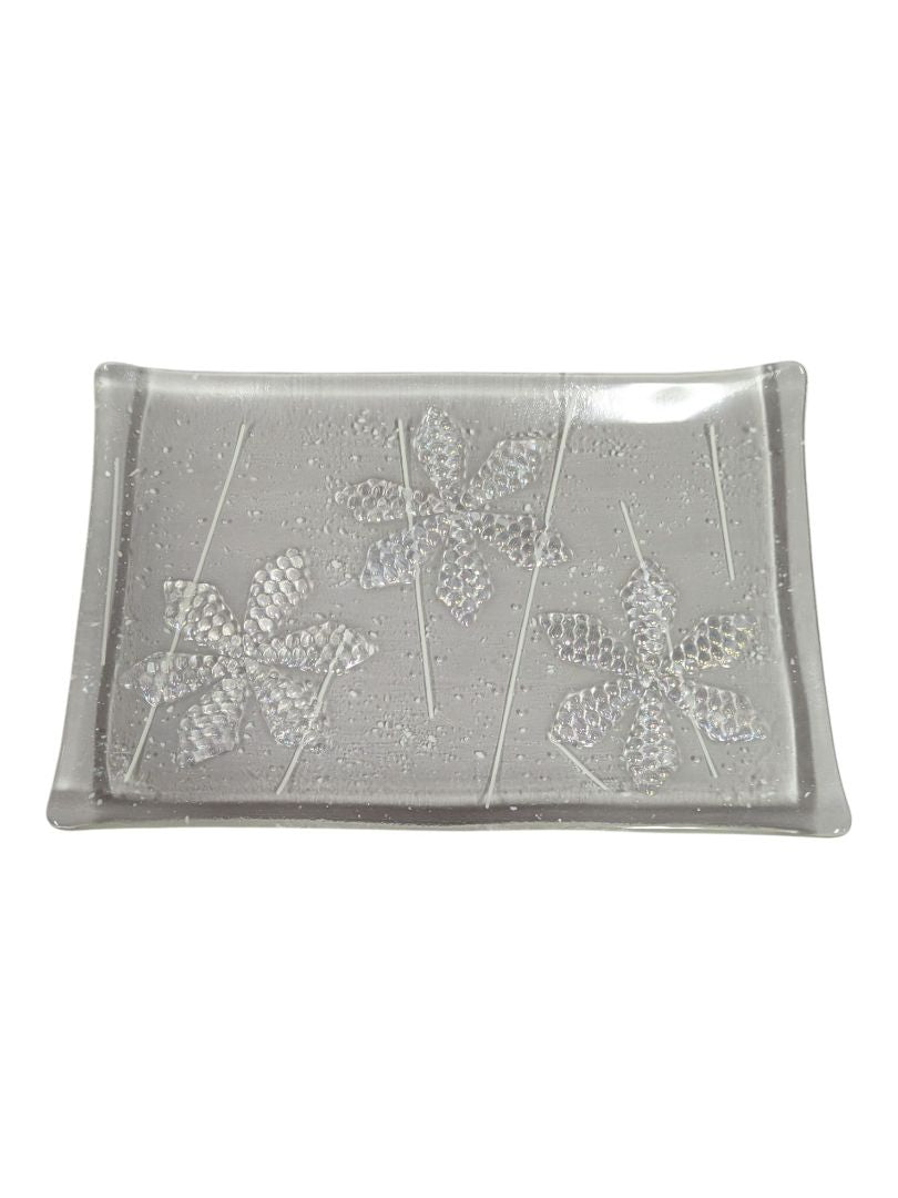 Decorative Clear Art Glass Rectangular Tray with Floral Motif