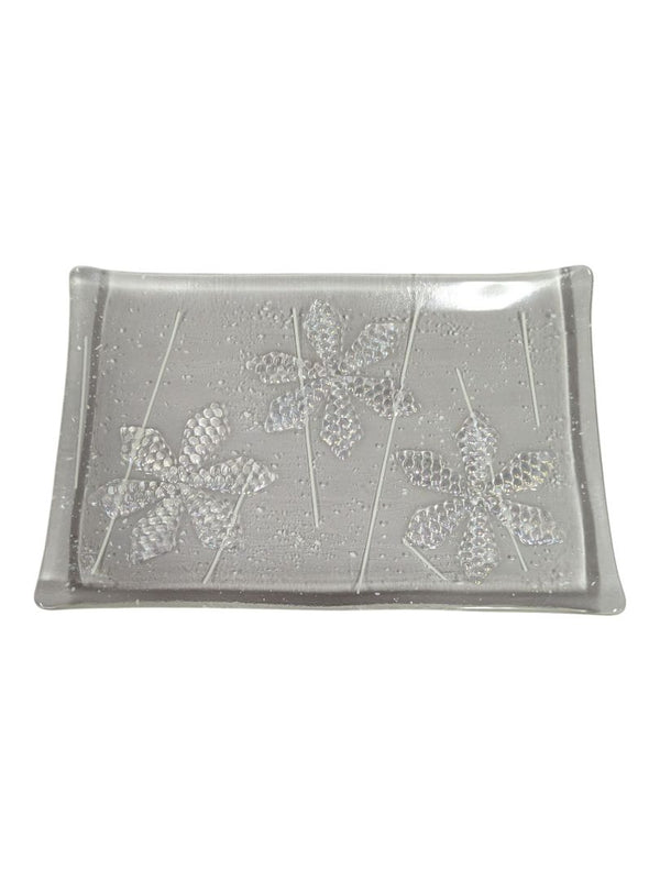 Decorative Clear Art Glass Rectangular Tray with Floral Motif