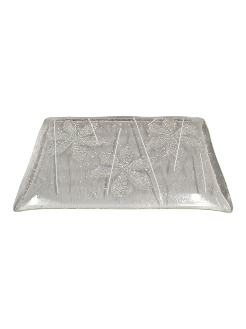 Decorative Clear Art Glass Rectangular Tray with Floral Motif