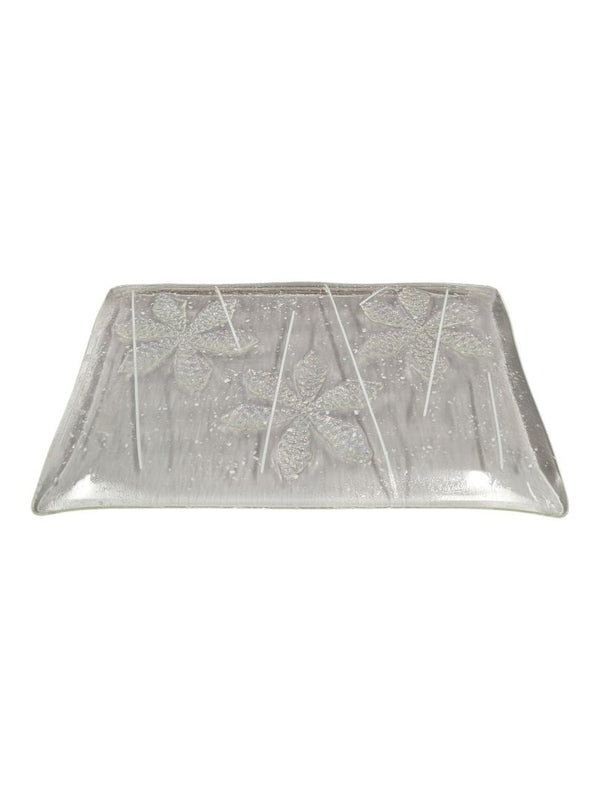 Decorative Clear Art Glass Rectangular Tray with Floral Motif