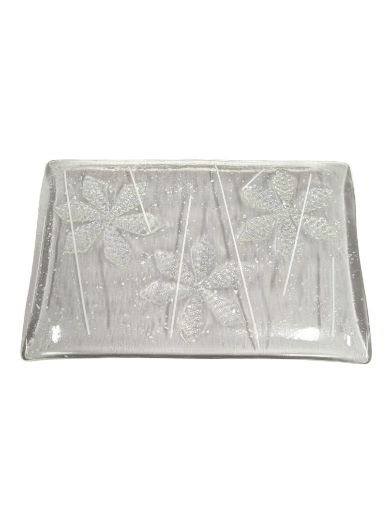 Decorative Clear Art Glass Rectangular Tray with Floral Motif