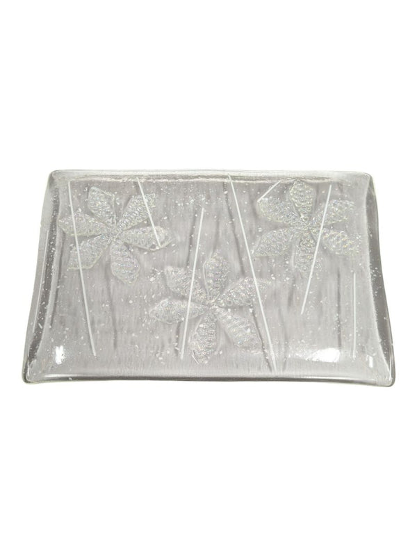 Decorative Clear Art Glass Rectangular Tray with Floral Motif