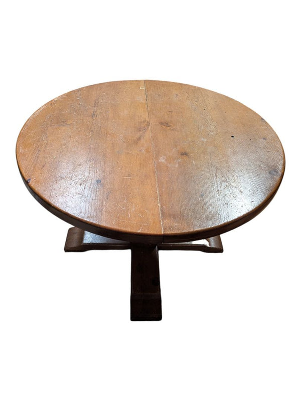 Vintage Solid Wood Round Pedestal Dining Table with Extension Leaf