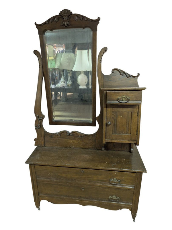Antique Oak Hall Tree with Mirror, Drawer, and Cabinet