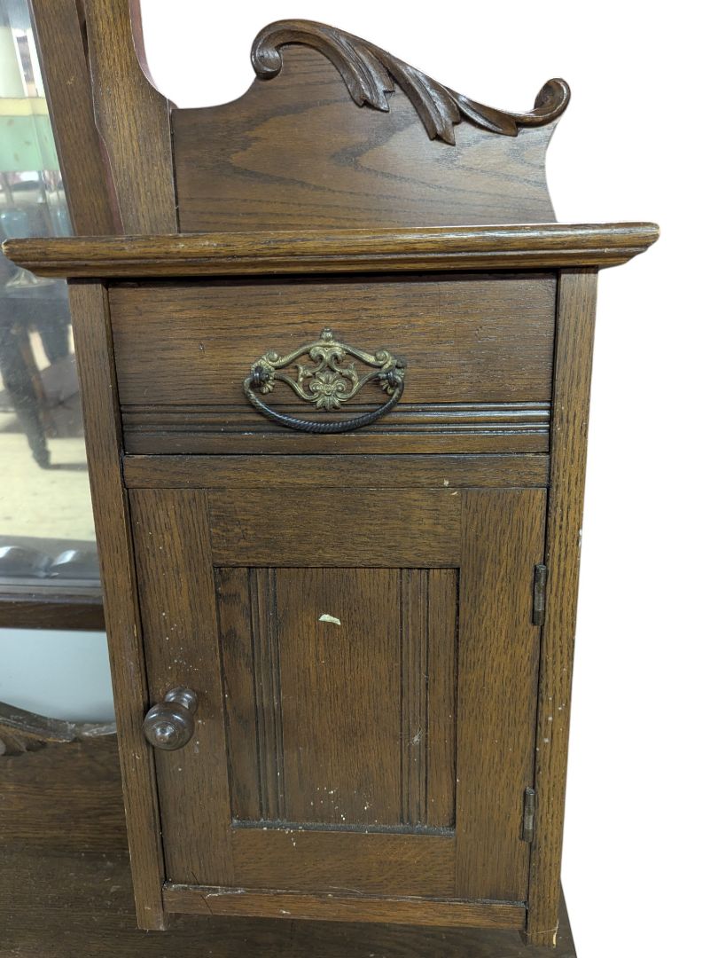 Antique Oak Hall Tree with Mirror, Drawer, and Cabinet
