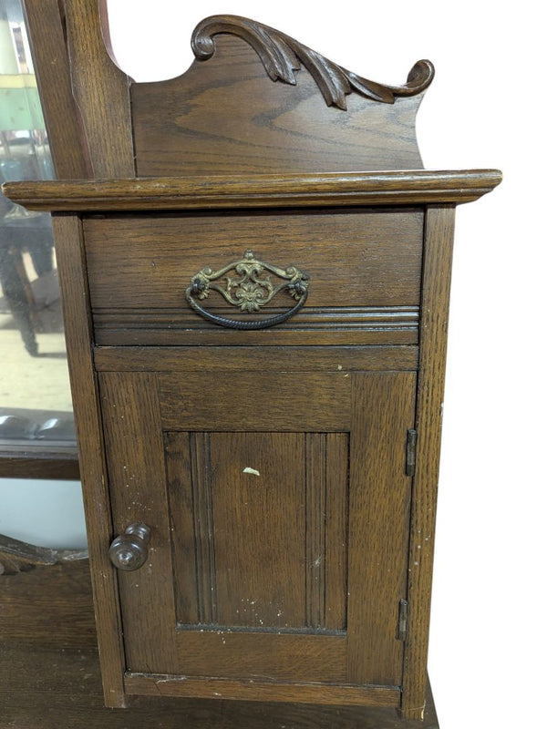 Antique Oak Hall Tree with Mirror, Drawer, and Cabinet