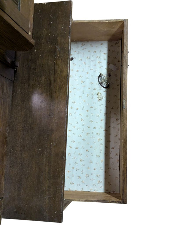 Antique Oak Hall Tree with Mirror, Drawer, and Cabinet