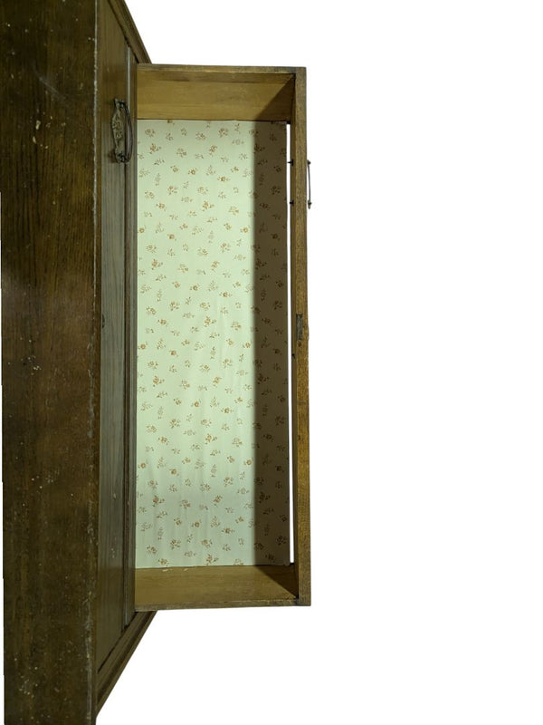 Antique Oak Hall Tree with Mirror, Drawer, and Cabinet