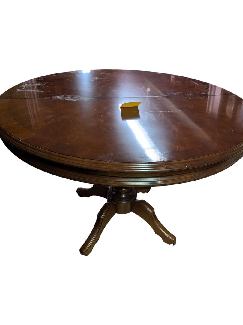 Vintage Round Pedestal Table with Leaf – Dark Wood Finish