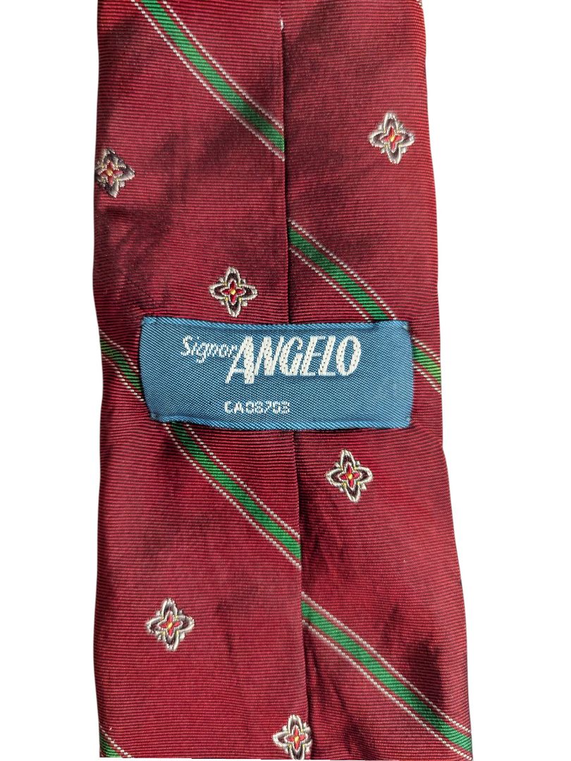 Signor Angelo 100% Silk Necktie – Red with Green Stripe & Floral Motif