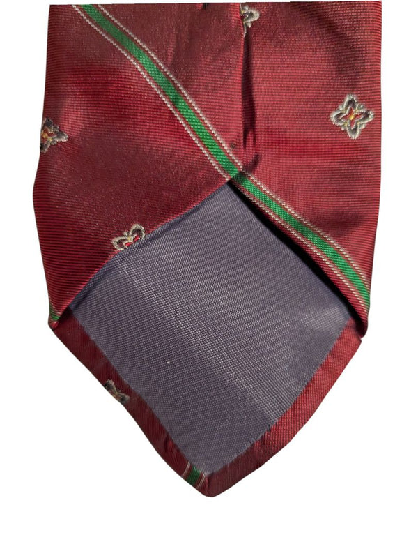 Signor Angelo 100% Silk Necktie – Red with Green Stripe & Floral Motif